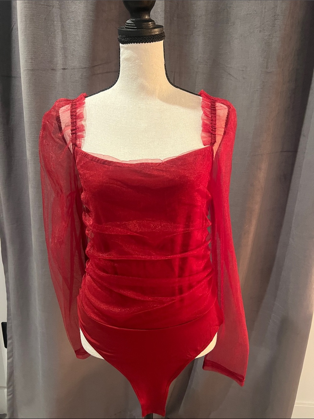 Lulu's Red Sheer-Sleeve Ruched Square Neck Bodysuit